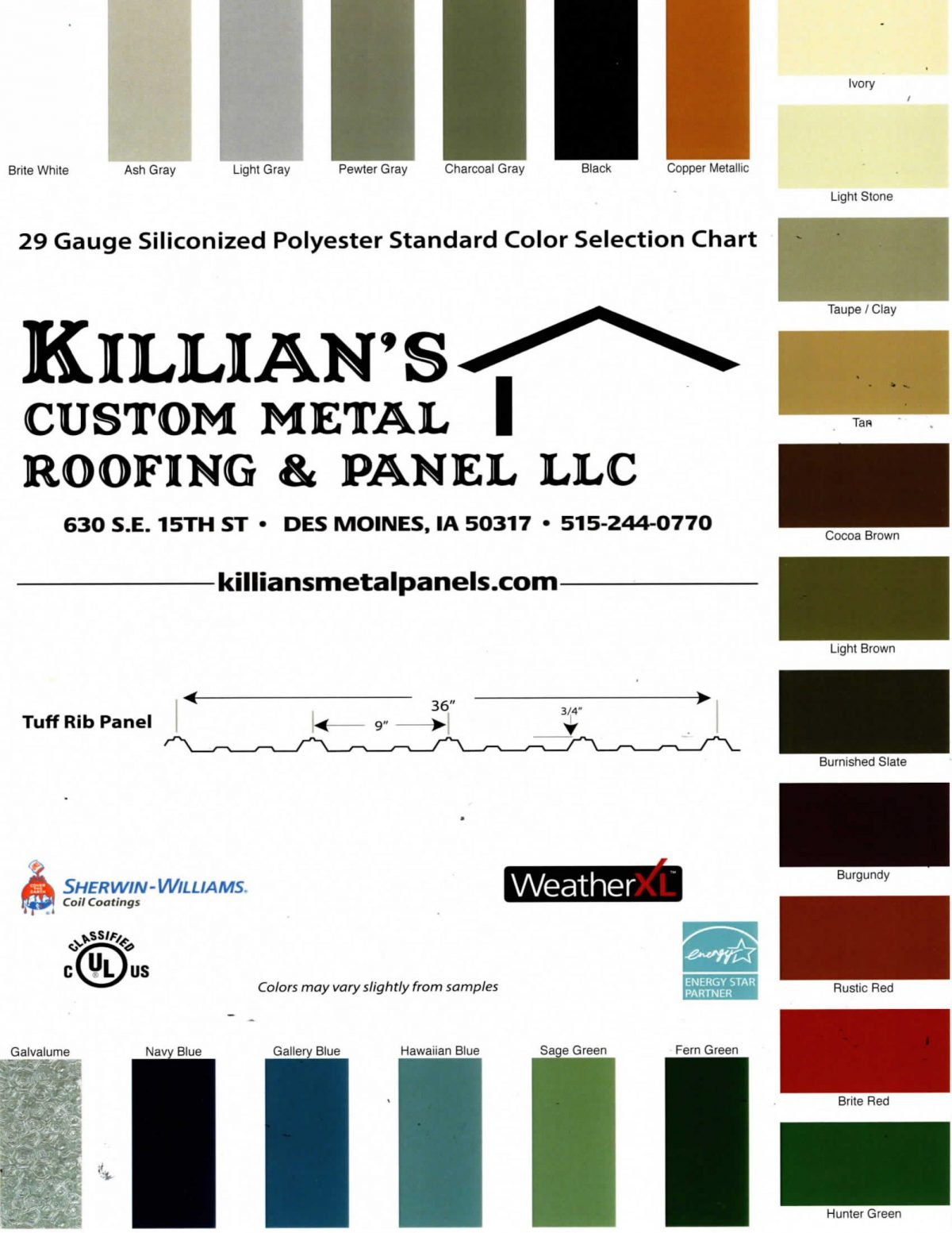 Hi Rib Steel Color Samples Tuff Rib Residential - Metal Roofing Panels - KIllians Custom Metal ...